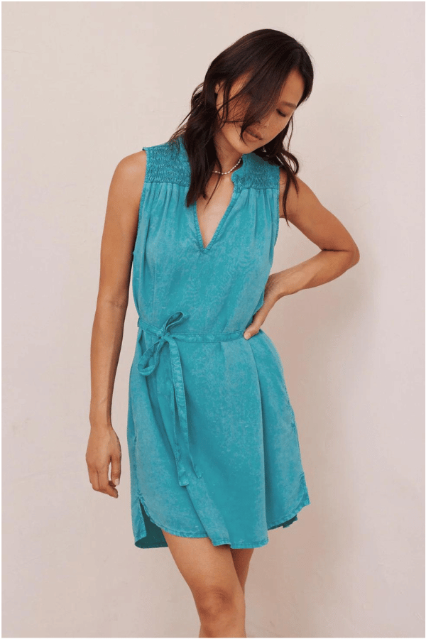 Bella Dahl Belted Smocked Yoke Mini Dress - Tropical Teal