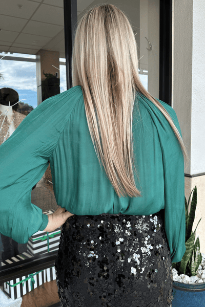 Current Air Long Sleeved Ribbon Tie Blouse - Emerald Green