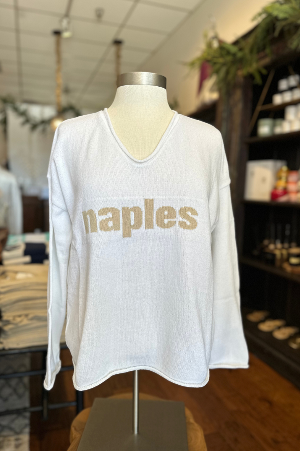 Naples Lightweight V-Neck Sweater - White/Camel