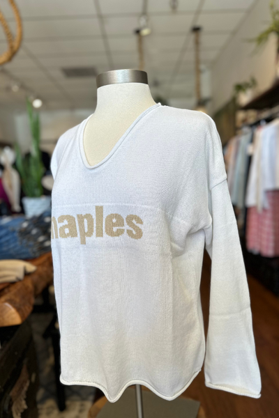 Naples Lightweight V-Neck Sweater - White/Camel