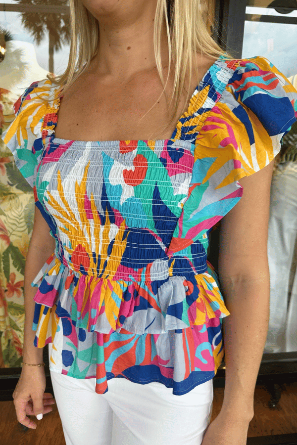 THML Abstract Printed Flutter Sleeve Top - Blue Multicolor