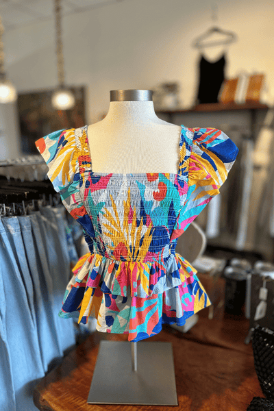 THML Abstract Printed Flutter Sleeve Top - Blue Multicolor
