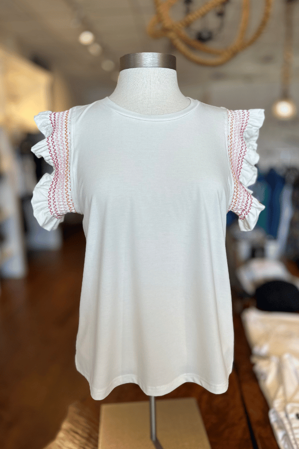 THML Embroidered Ruffle Sleeve Top - White