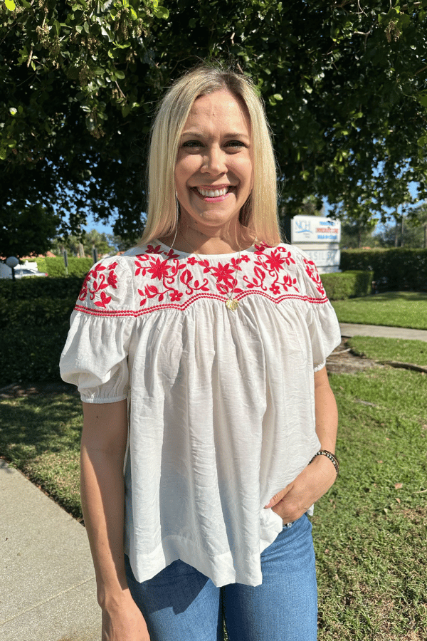 THML Short Sleeve Embroidered Top - White/Red