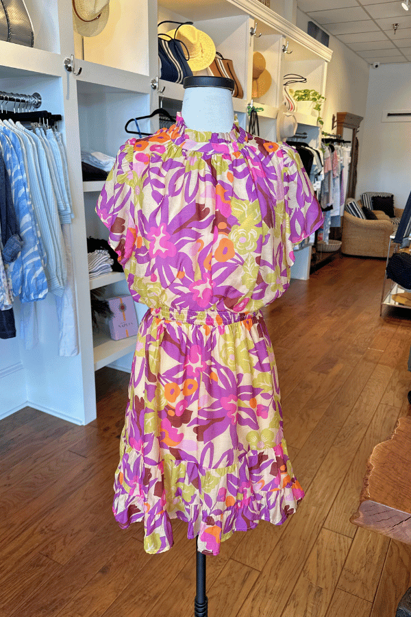 THML Smock Waist Floral Mini Dress - Tan/Purple
