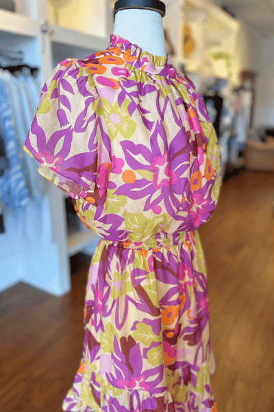THML Smock Waist Floral Mini Dress - Tan/Purple