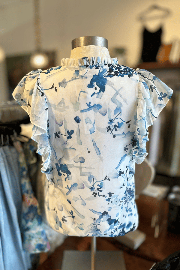 Willa Story Blue Floral Ruffle Sleeve Blouse - White